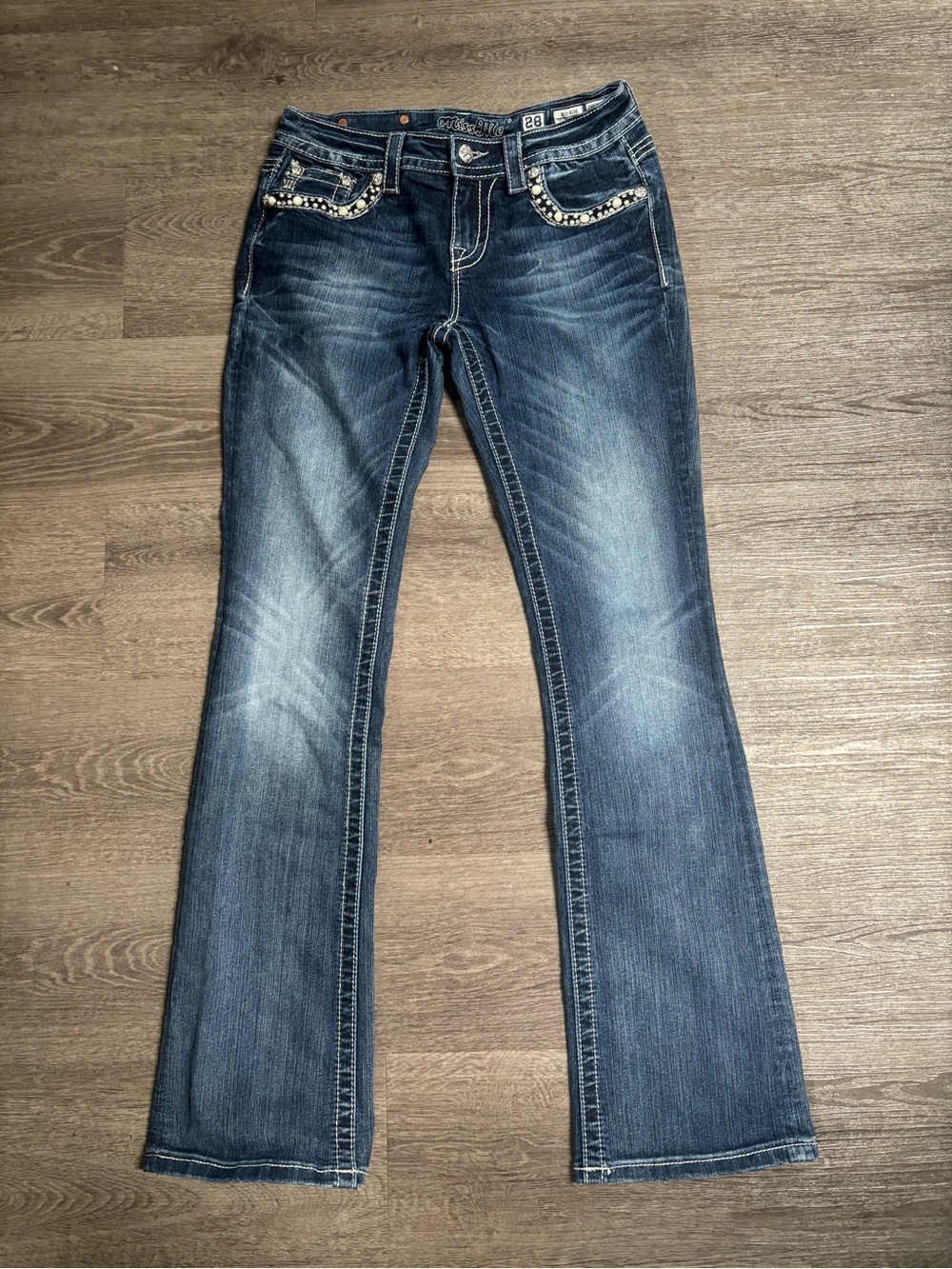 Miss Me Horseshoe Mid Rise Bootcut Jeans Embellished Rhinestone Pearl Pocket